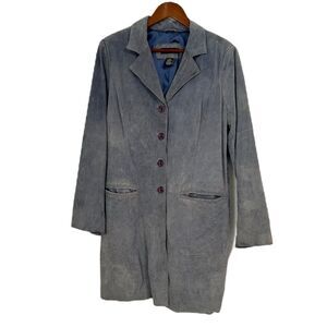 Dialogue Suede Coat Women L Blue Leather Soft Pocket Trench Edgy Cowgirl Vintage
